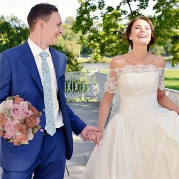 Men Skinny Floral Cotton Tie Slim Wedding Groomsmen Necktie for Formal Events - Picture 4 of 7